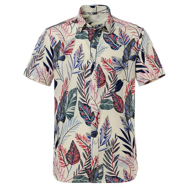 Beige Palm Hawaiian Cotton Short Sleeve Shirt