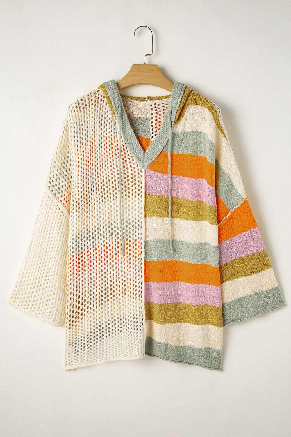 Love Salve Beige Knit Sweater Women&#39;s Daily Wear Hooded Pullover - Soft, Colorblock