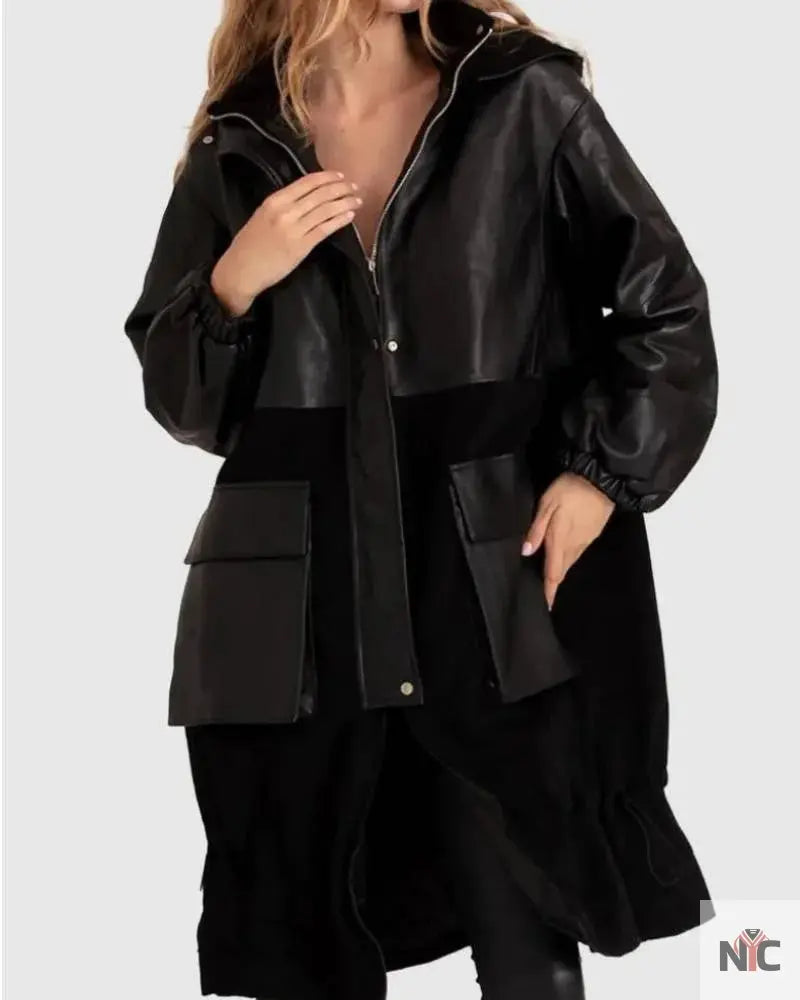 Belle &amp;amp; Bloom Back To Black Oversized Black Leather Panelled Coat