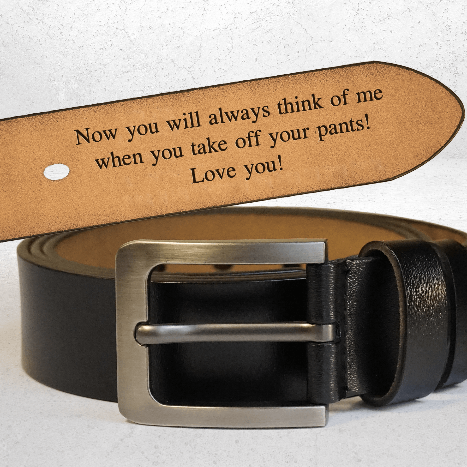 Engraved Leather Belt for Him - Think Of Me When You Take Off - Gift for Men/Him, Husband, Boyfriend, Valentine, Anniversary, Father&amp;#39;s Day
