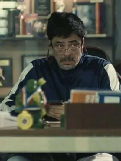 Benicio del Toro One Battle After Another Blue Jacket