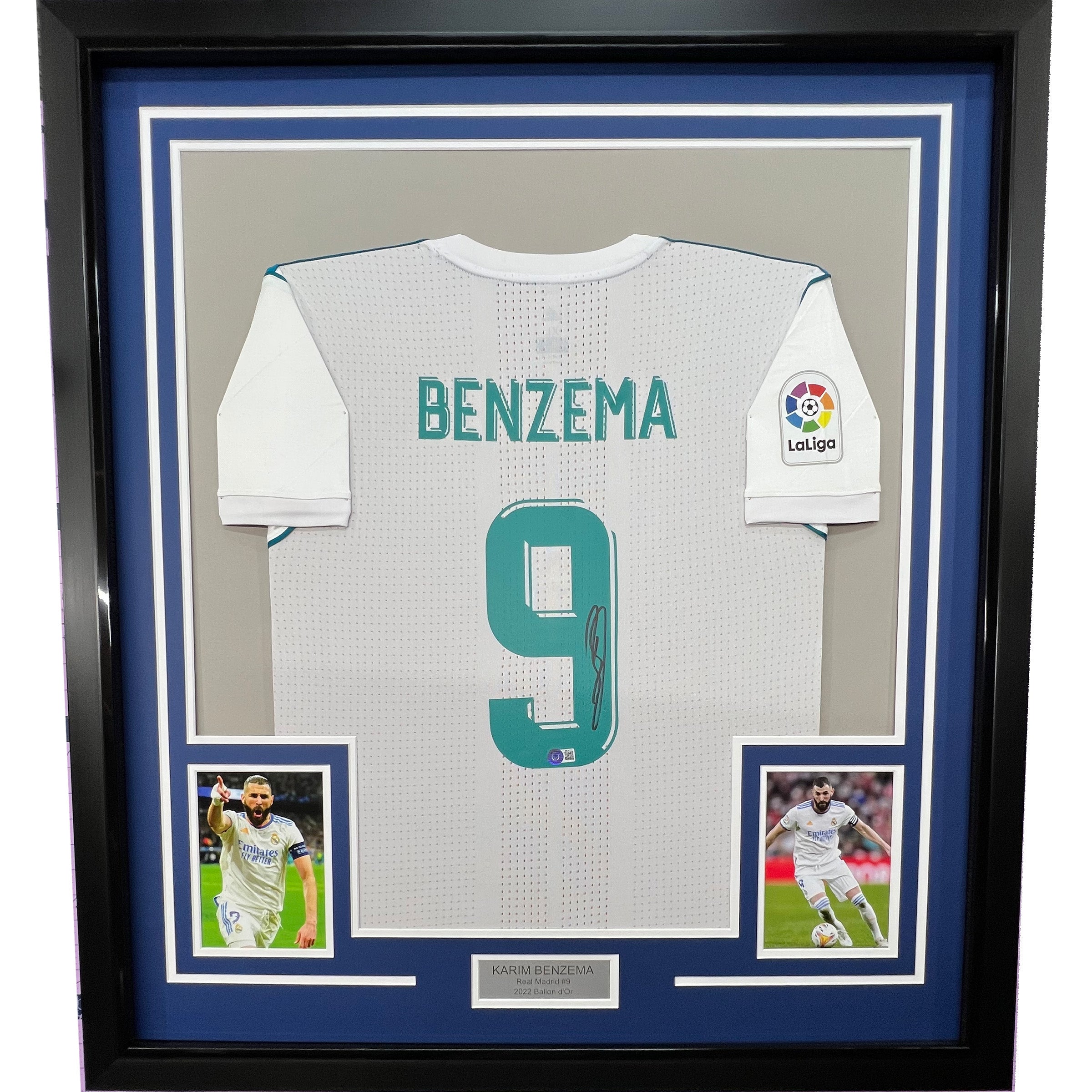 Framed Autographed/Signed Karim Benzema 35x39 Real Madrid 2017-18 White Soccer Jersey Beckett BAS COA