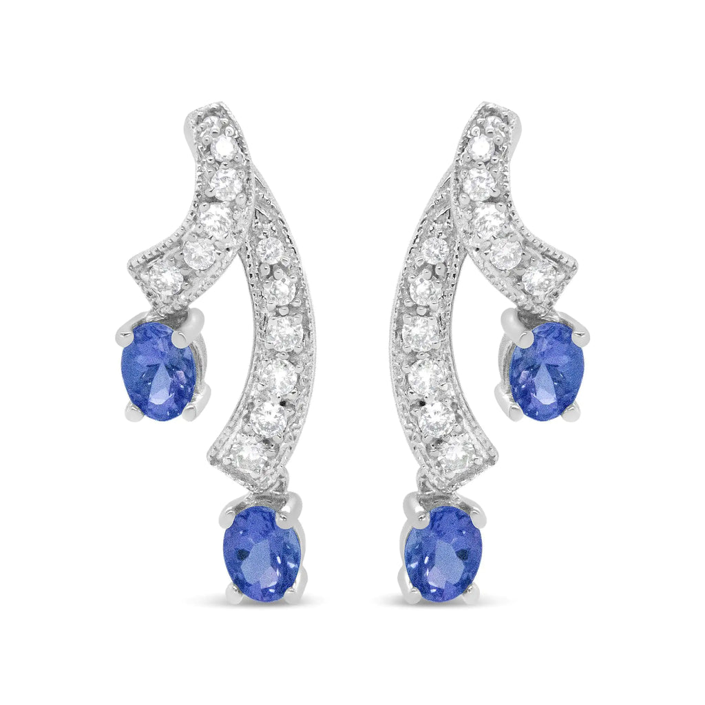 Style Loft Collection 14K White Gold 4x3MM Oval Shaped Natural Blue Tanzanite Gemstone and 1/5 Ctw Diamond Double 3/4" Inch Drop Stud Earrings (H-I Color, VS1-VS2 Clarity)
