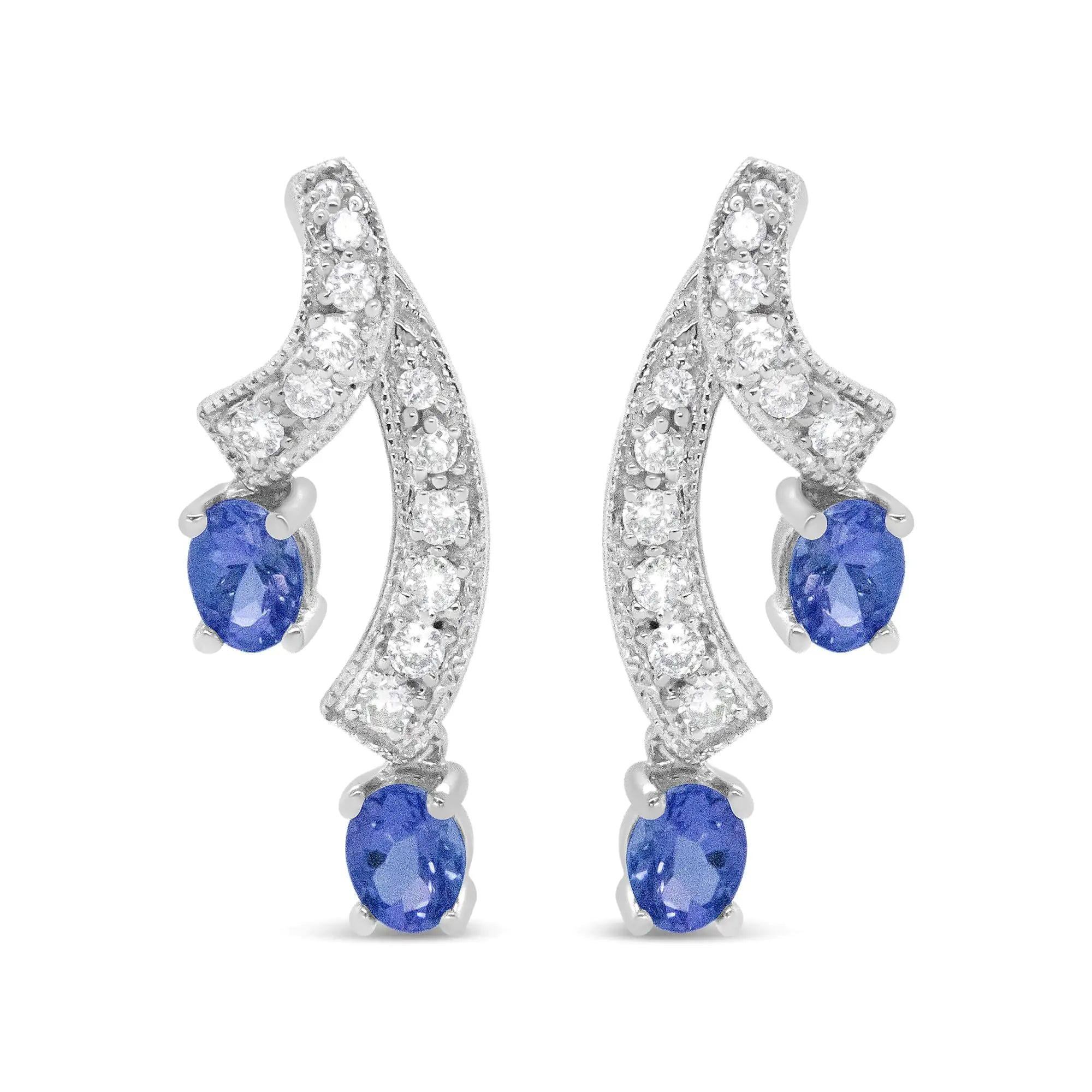 Style Loft Collection 14K White Gold 4x3MM Oval Shaped Natural Blue Tanzanite Gemstone and 1/5 Ctw Diamond Double 3/4" Inch Drop Stud Earrings (H-I Color, VS1-VS2 Clarity)