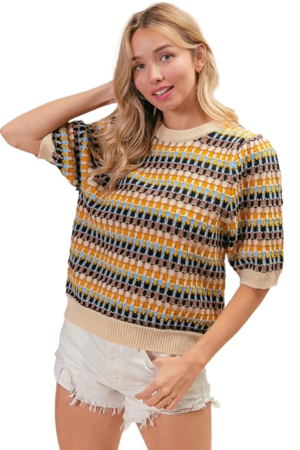 Trendsi BiBi Multicolor Knit Top Women&amp;#39;s Half Sleeve Sweater - Soft &amp;amp; Stylish