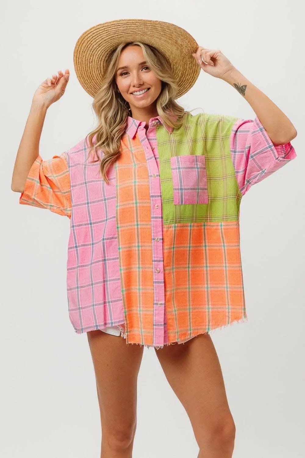 just arrived - BiBi Plaid Collared Neck Half Sleeve Shirt