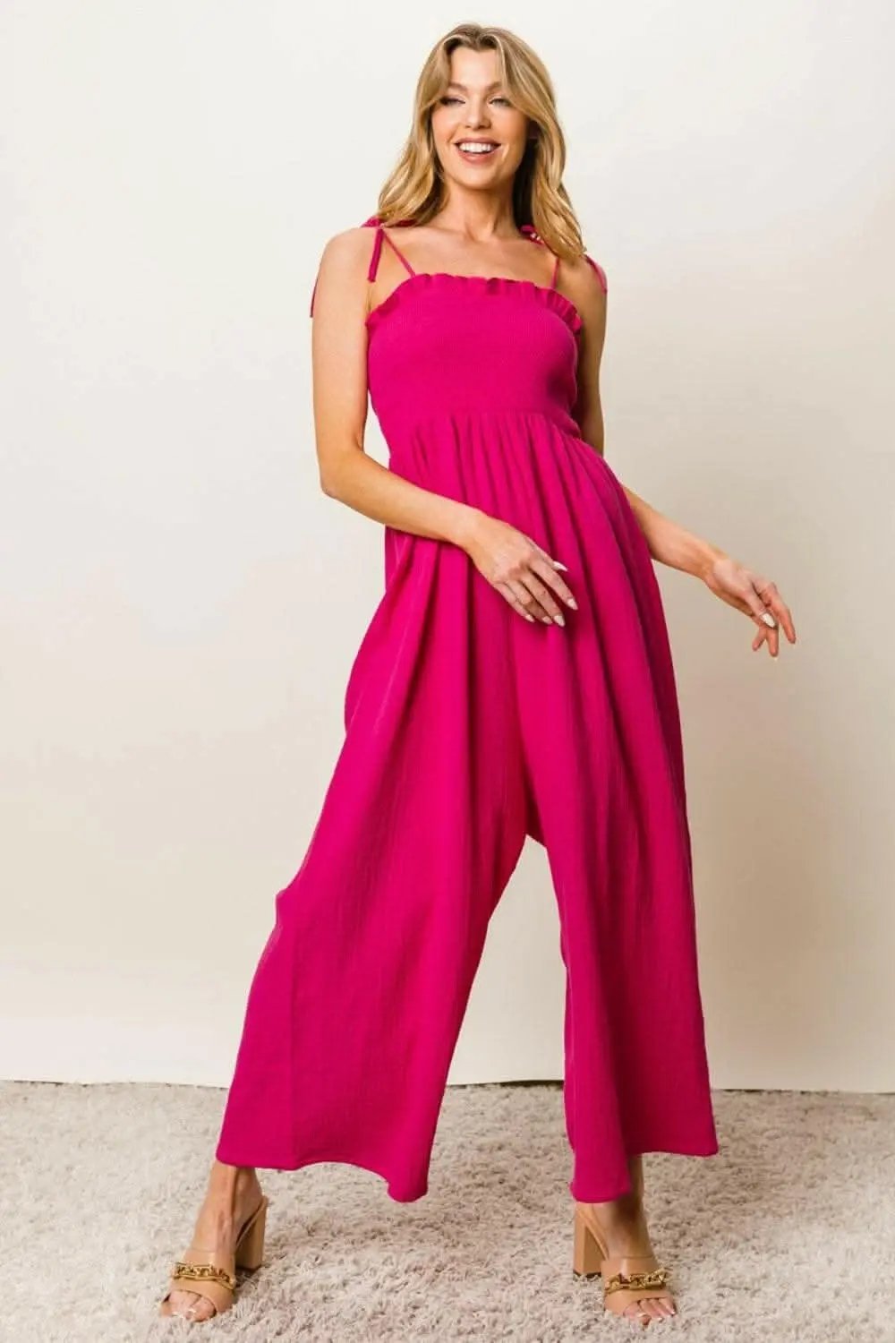 Trendsi BiBi Texture Smocked Sleeveless Jumpsuit