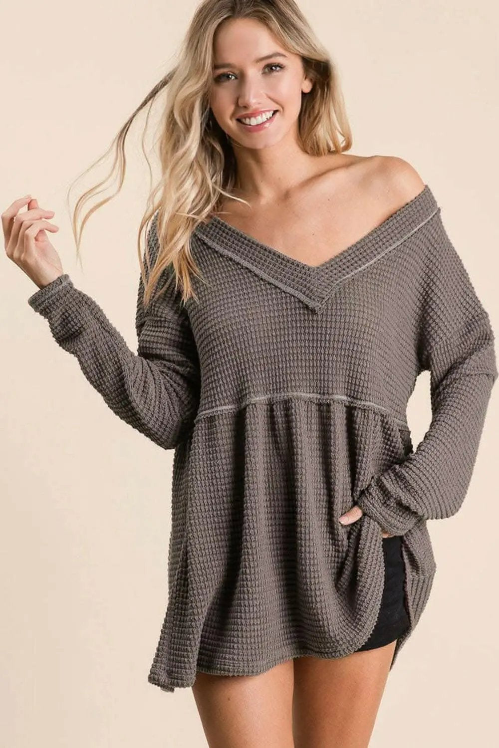 Trendsi Waffle Knit V-Neck Women&amp;#39;s Babydoll Blouse USA Shipped, Comfy