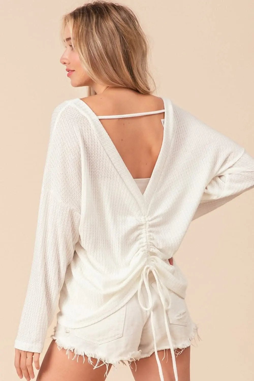 Waffled Backless Top Women&amp;#39;s Casual T-Shirt Drawstring Detail