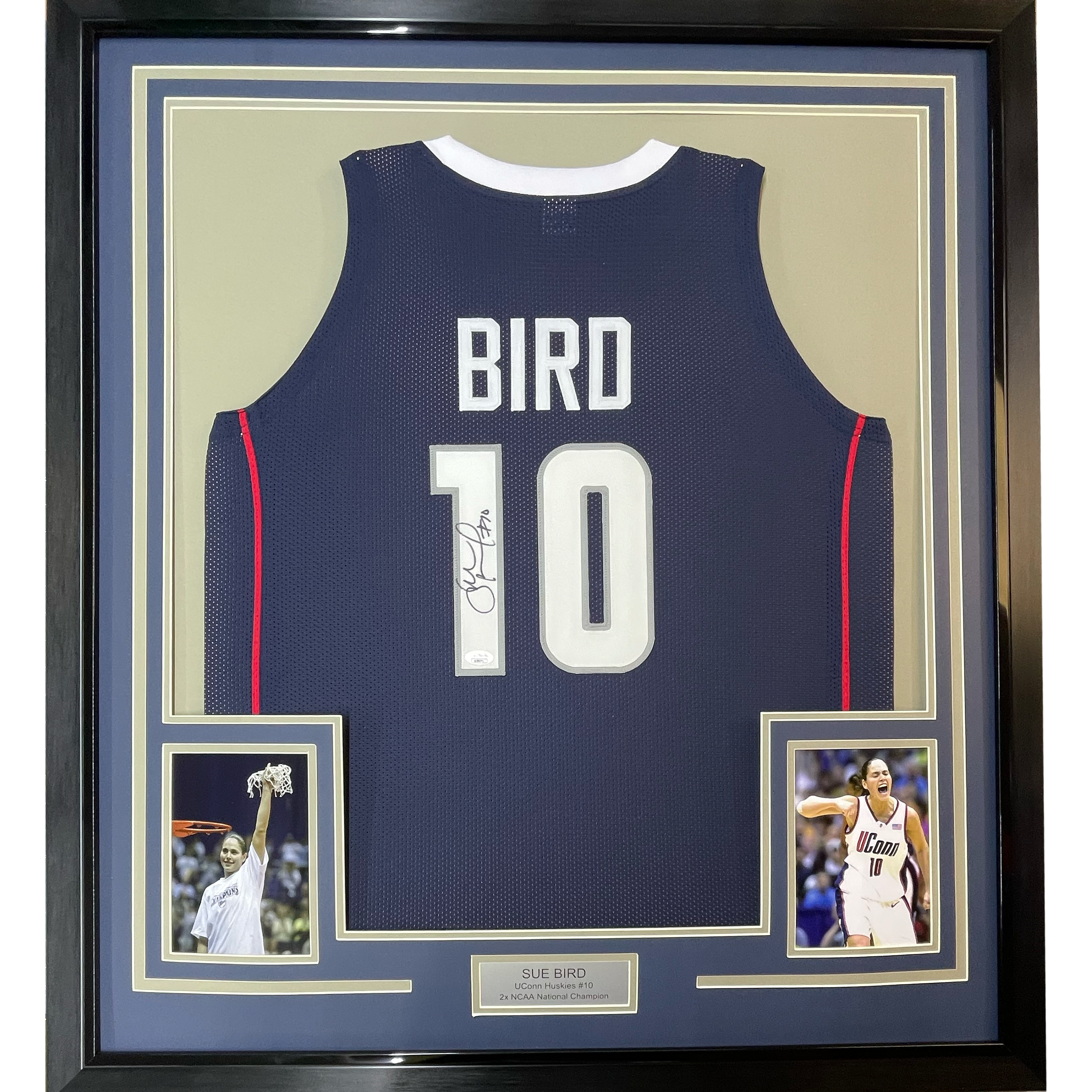 Framed Autographed/Signed Sue Bird 35x39 UConn Connecticut Blue College Basketball Jersey JSA COA
