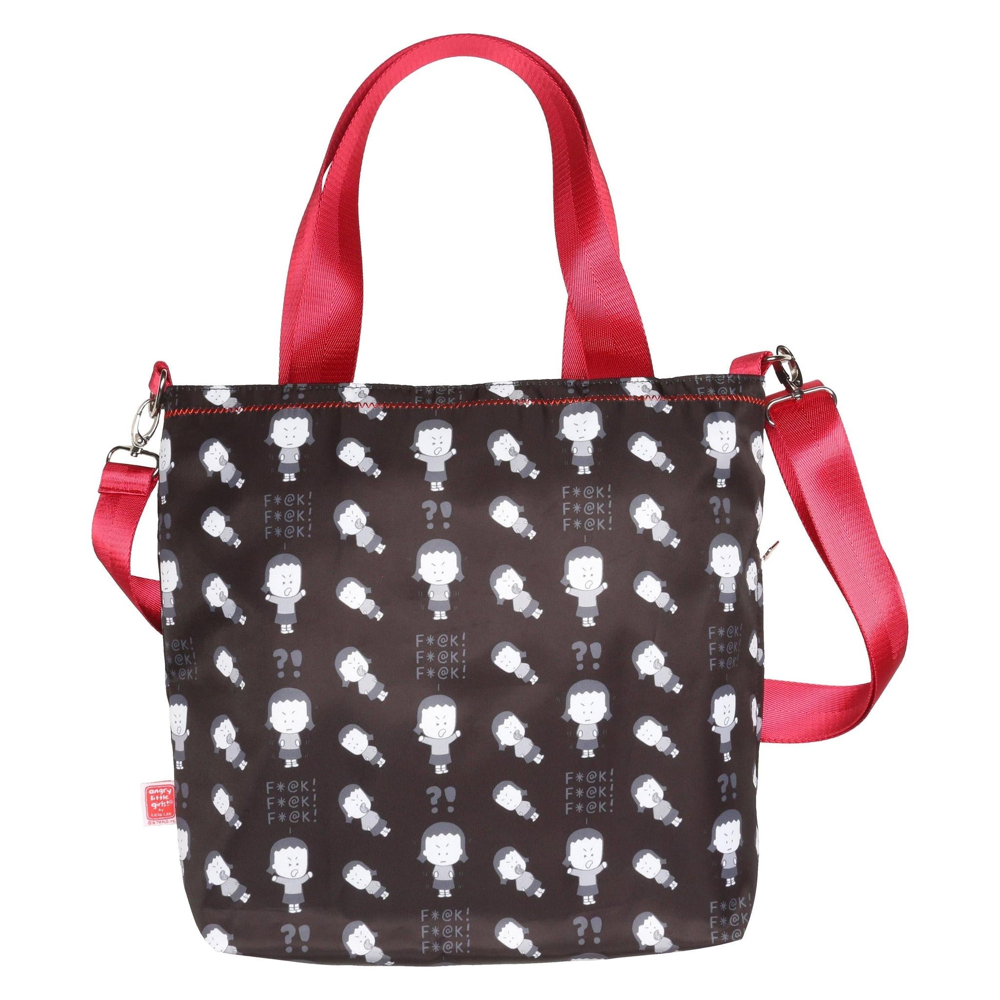Black &amp;quot;Angry Little Girls F@*K F@*K F@*K&amp;quot; Pattern Tote Cross Body Bag | Sling Handbag | 38&amp;quot; x 32&amp;quot;