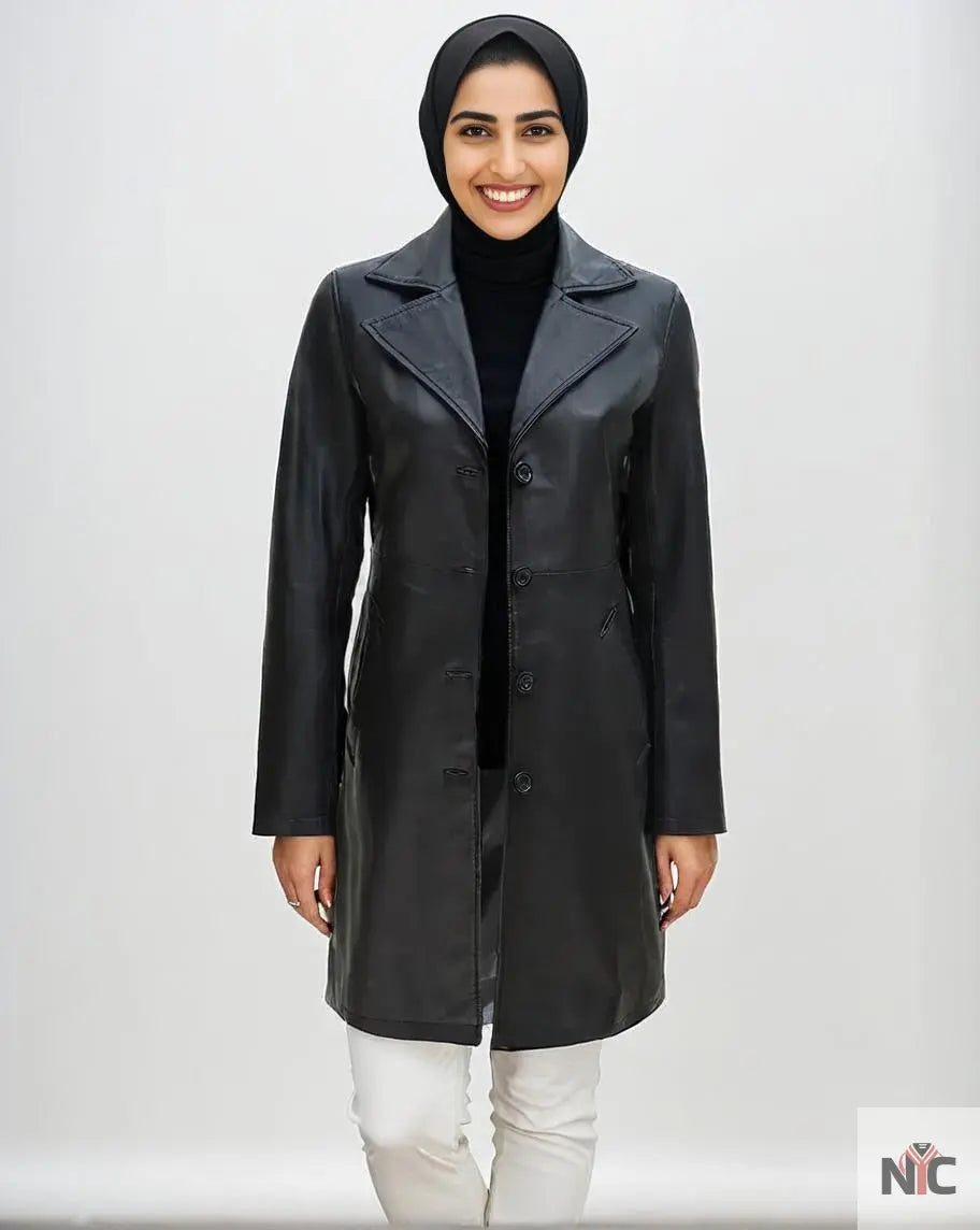 Black Real Leather Trench Car Coat for Women