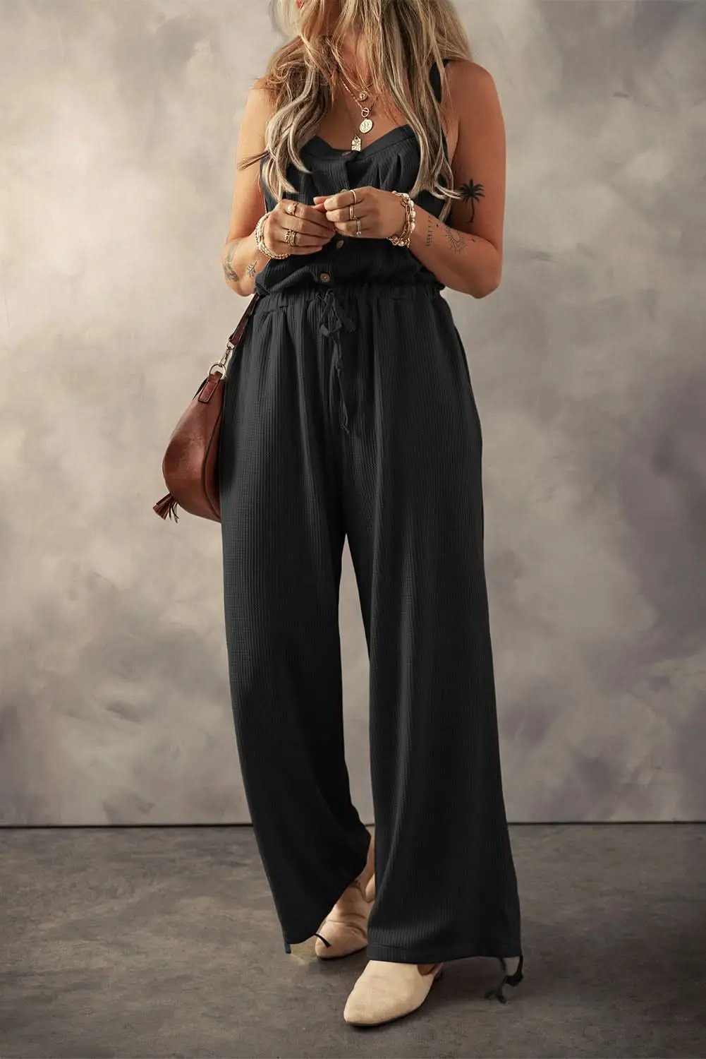 Love Salve Black Jumpsuit Women&amp;#39;s Summer Wide Leg Drawstring Romper - Knotted Straps, Textured