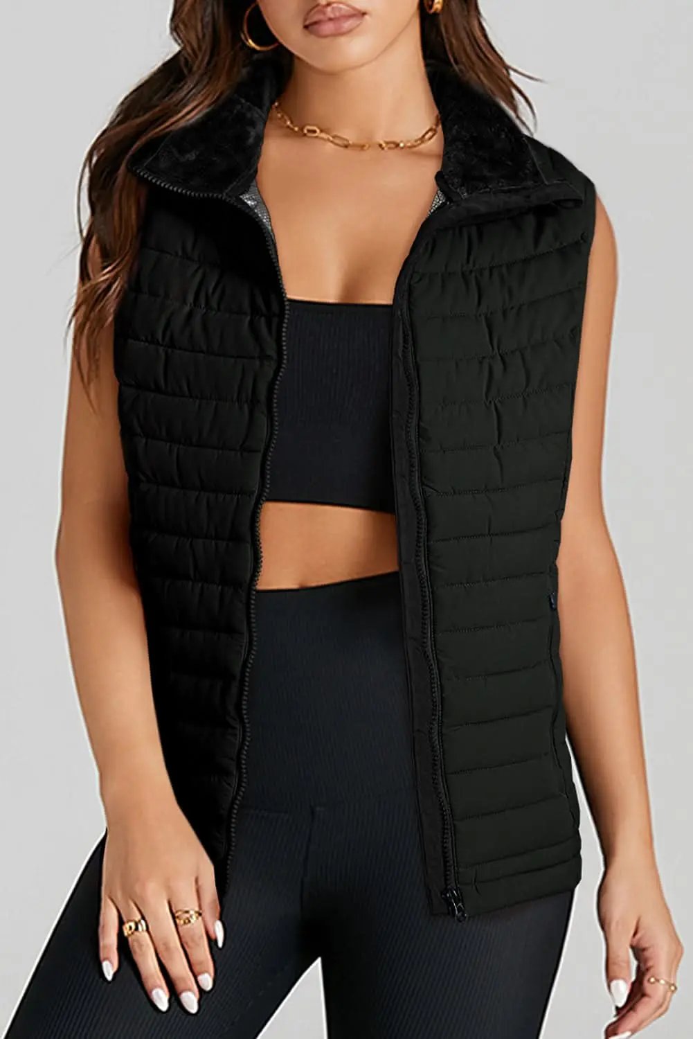Love Salve Black Plush Vest Women&amp;#39;s Daily Quilted Puffer Vest - Warm &amp;amp; Chic