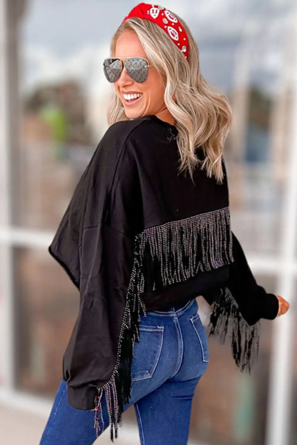 Love Salve Black Cropped Rugby Women&amp;#39;s Sweatshirt Casual Fall Style Tassels Sequins