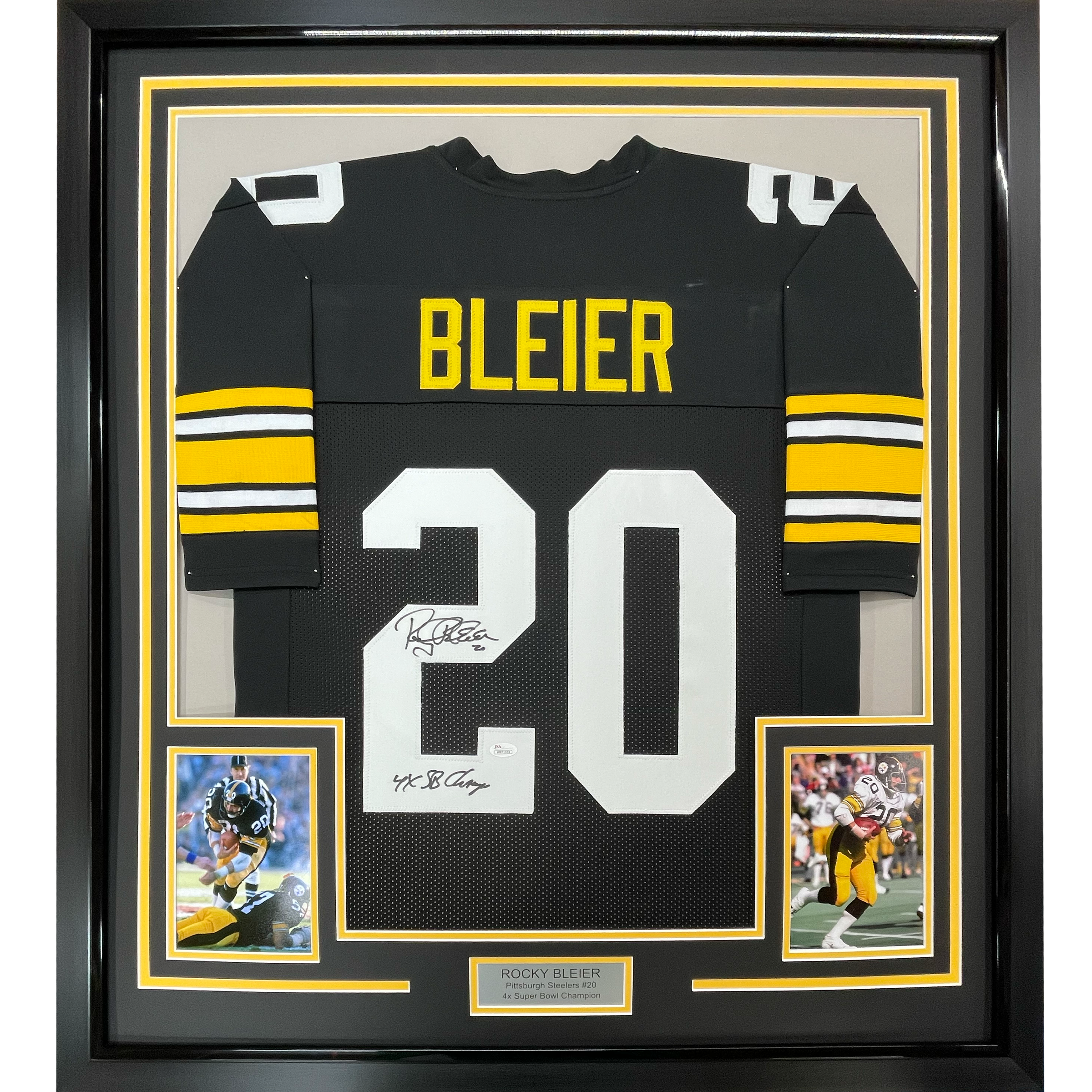 Framed Autographed/Signed Rocky Bleier 4x SB Champ 35x39 Pittsburgh Black Football Jersey JSA COA