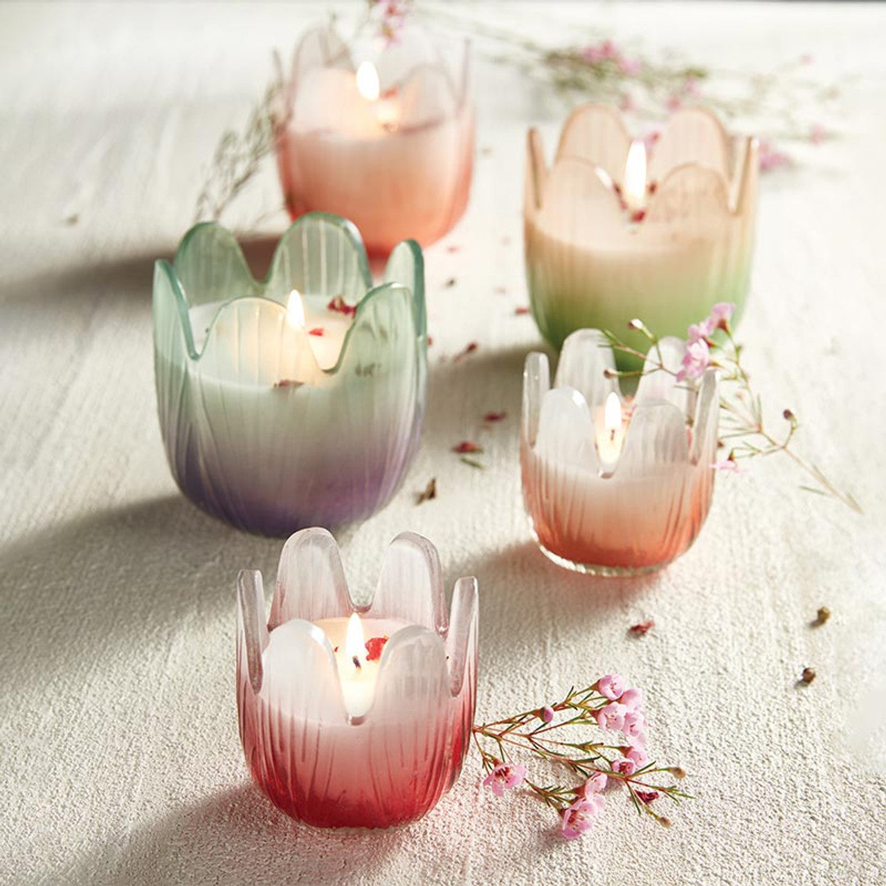 Blossom Candle Collection – Colorful Glass Flower Candles in Multiple Scents &amp;amp; Sizes