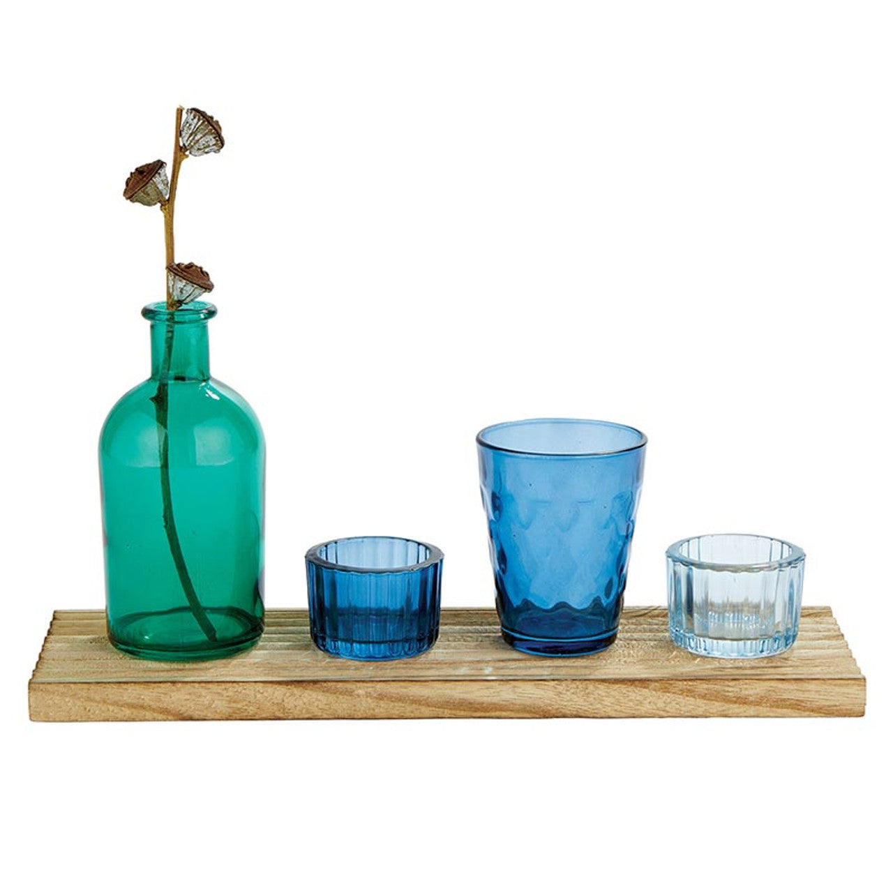 Blue Candle Garden Set | Glass Bottle Vase &amp;amp; Votive Candleholders with Wooden Tray