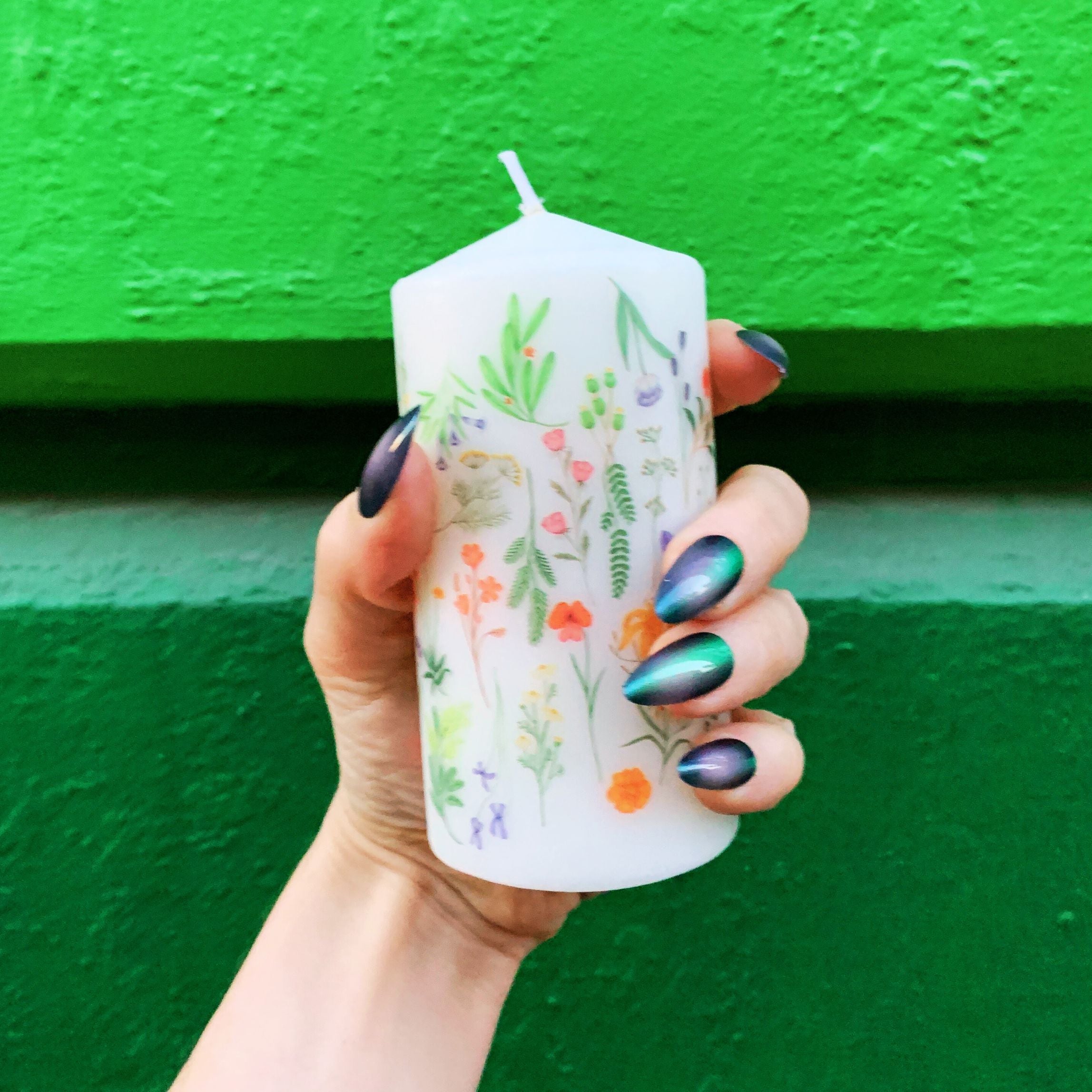 Boho Flowers Mini Pillar Candle  | Aesthetic Unscented Table Decor Floral Cylindrical Candle 4.75&amp;quot;