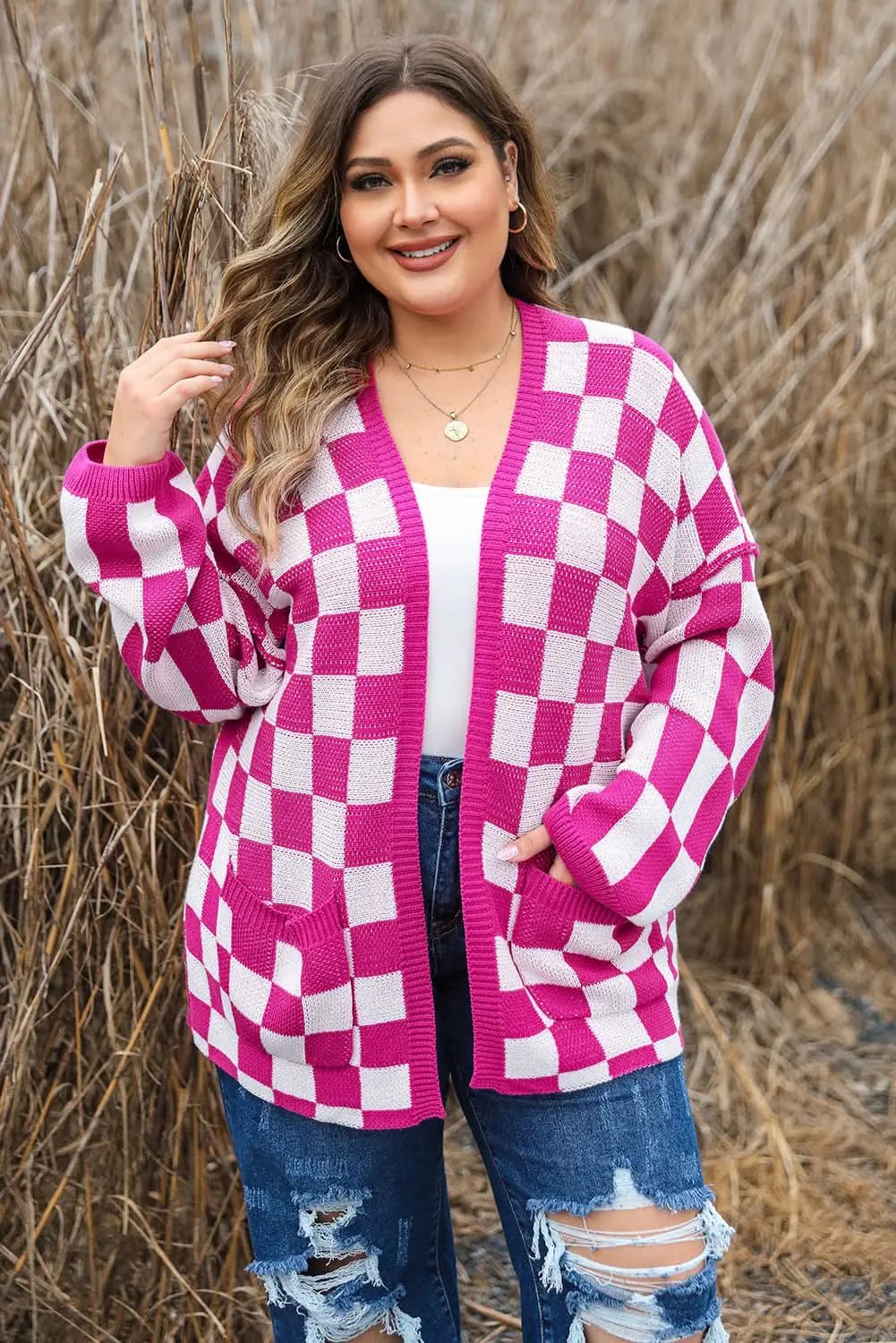 Love Salve Checkered Cardigan Women&amp;#39;s Daily Winter Knitwear - Plus Size &amp;amp; Color Block