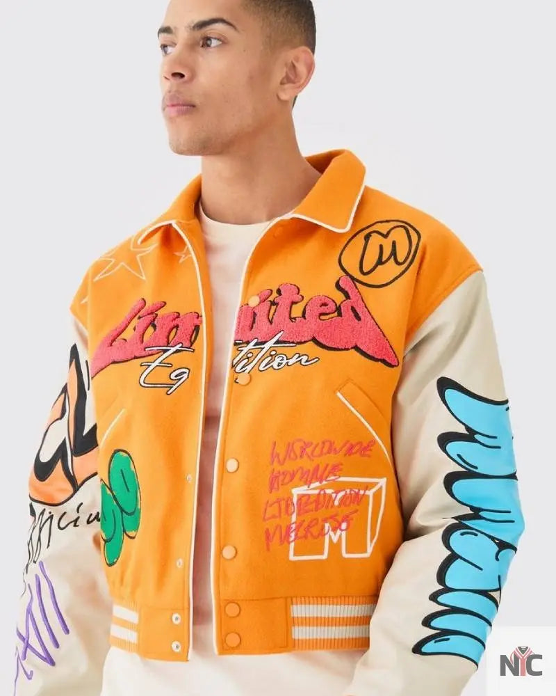 Boxy Fit Graffiti Orange Varsity Jacket
