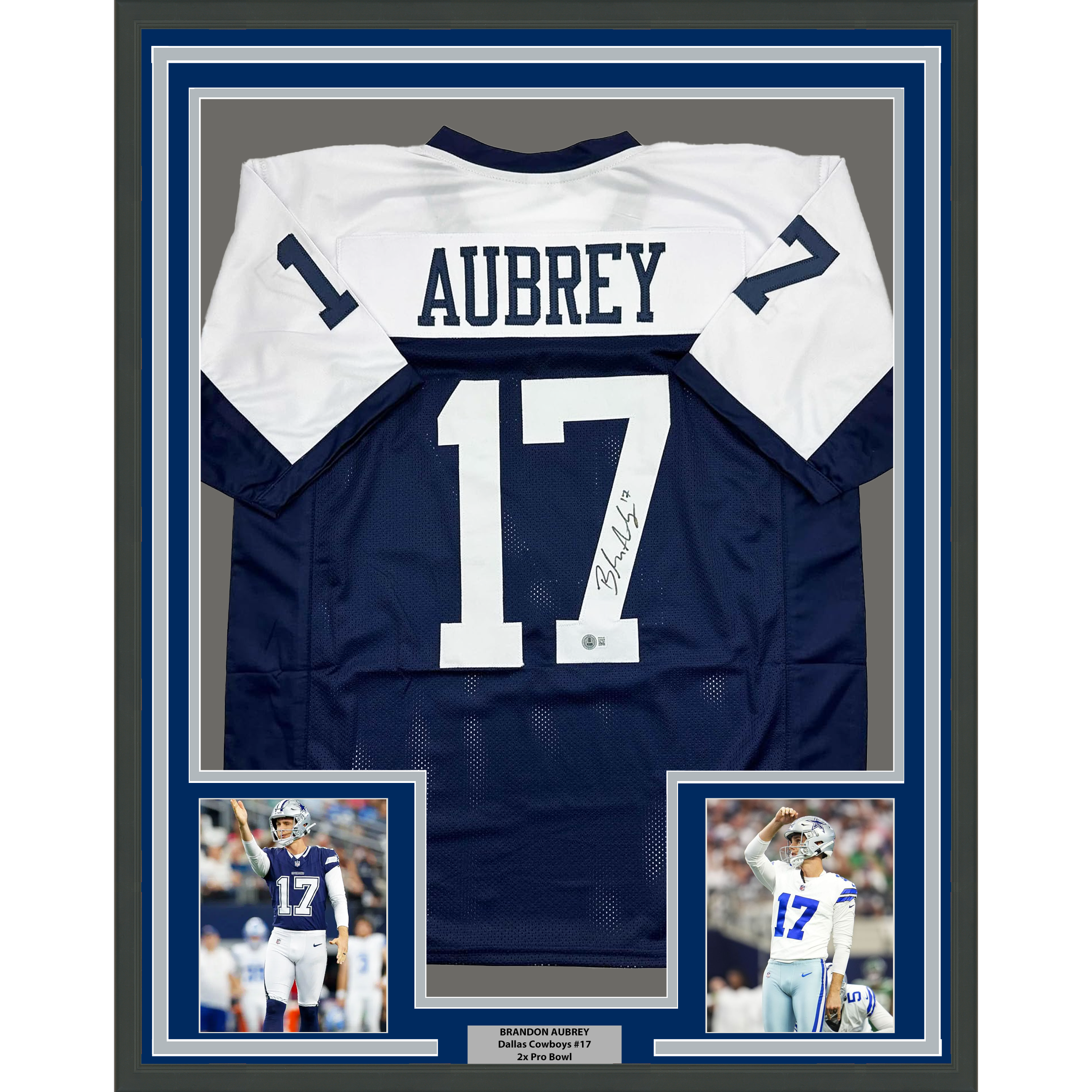 Framed Autographed/Signed Brandon Aubrey 35x39 Dallas Thanksgiving Day Football Jersey Beckett BAS COA