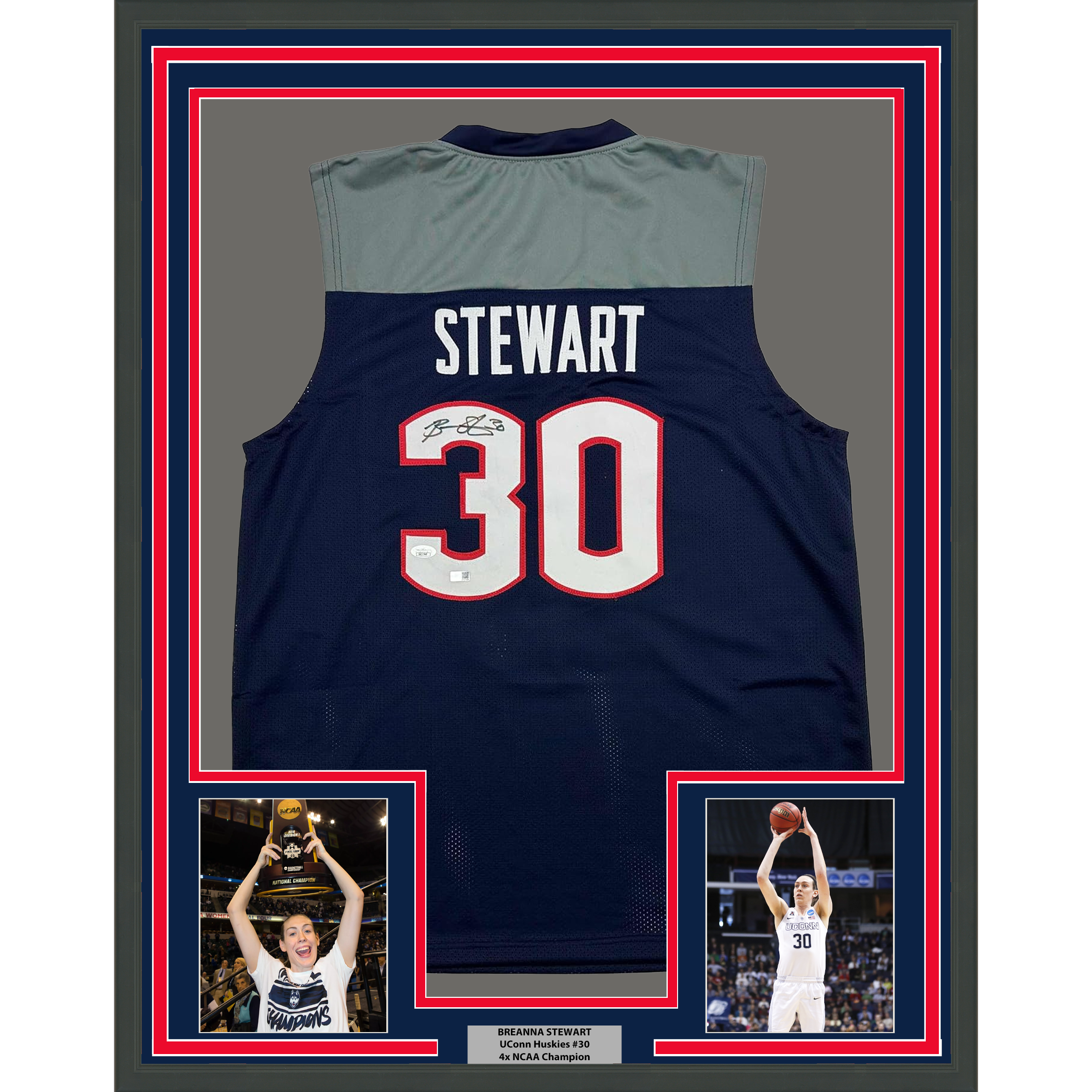 Framed Autographed/Signed Breanna Stewart 35x39 UConn Connecticut Blue College Basketball Jersey JSA COA
