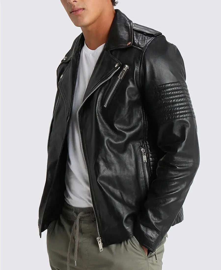 Bryon Shearling Black Asymmetrical Belted Biker Leather Jacket
