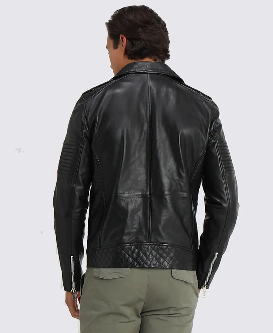 Bryon Shearling Black Asymmetrical Belted Biker Leather Jacket
