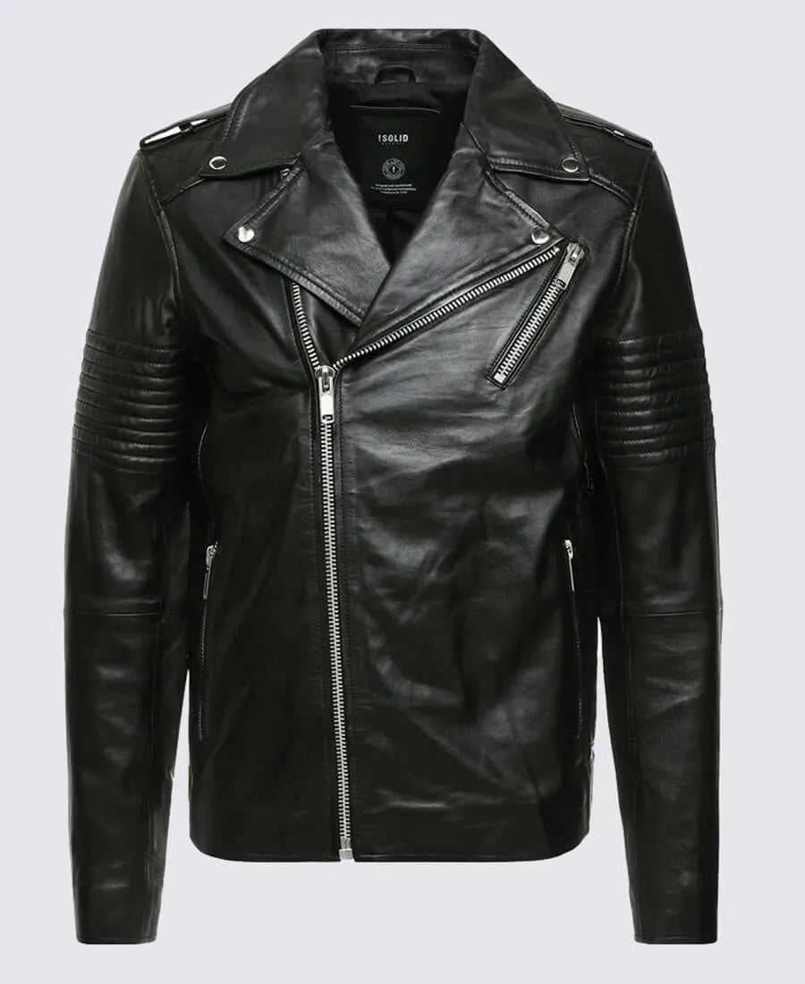 Bryon Shearling Black Asymmetrical Belted Biker Leather Jacket
