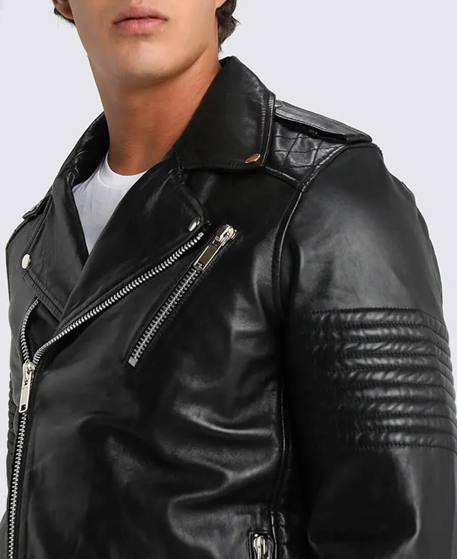 Bryon Shearling Black Asymmetrical Belted Biker Leather Jacket