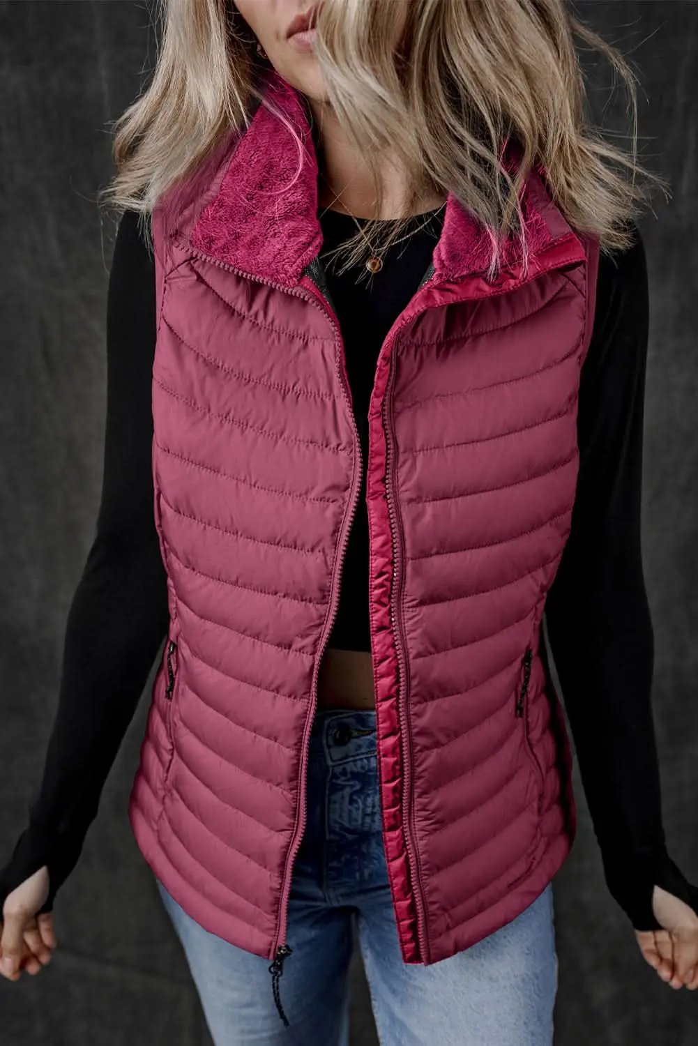 Love Salve Burgundy Plush Vest Women&amp;#39;s Daily Quilted Puffer Vest - Zipped &amp;amp; Chic