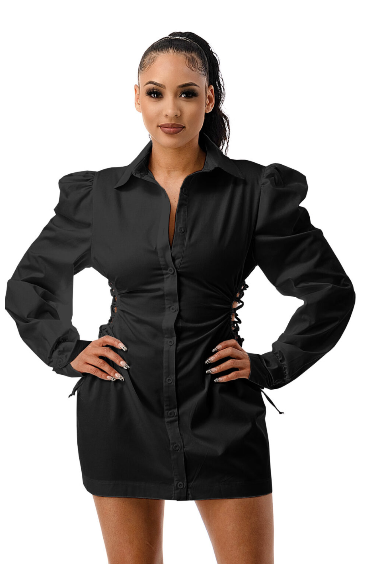 Black Button Up Dress with lace up side strings