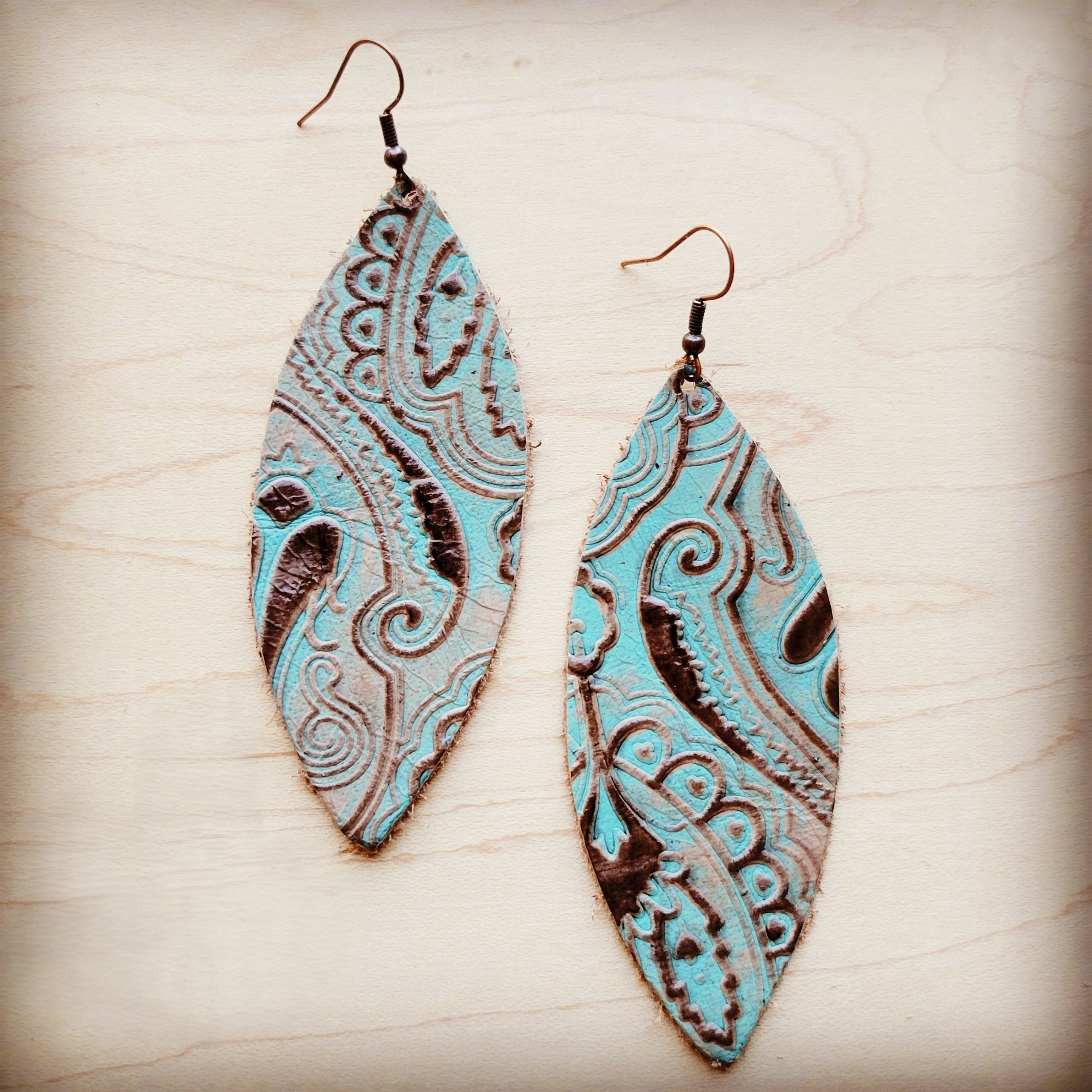 **Narrow Leather Oval Earrings-Napolis Turquoise &amp;amp; Brown 210c