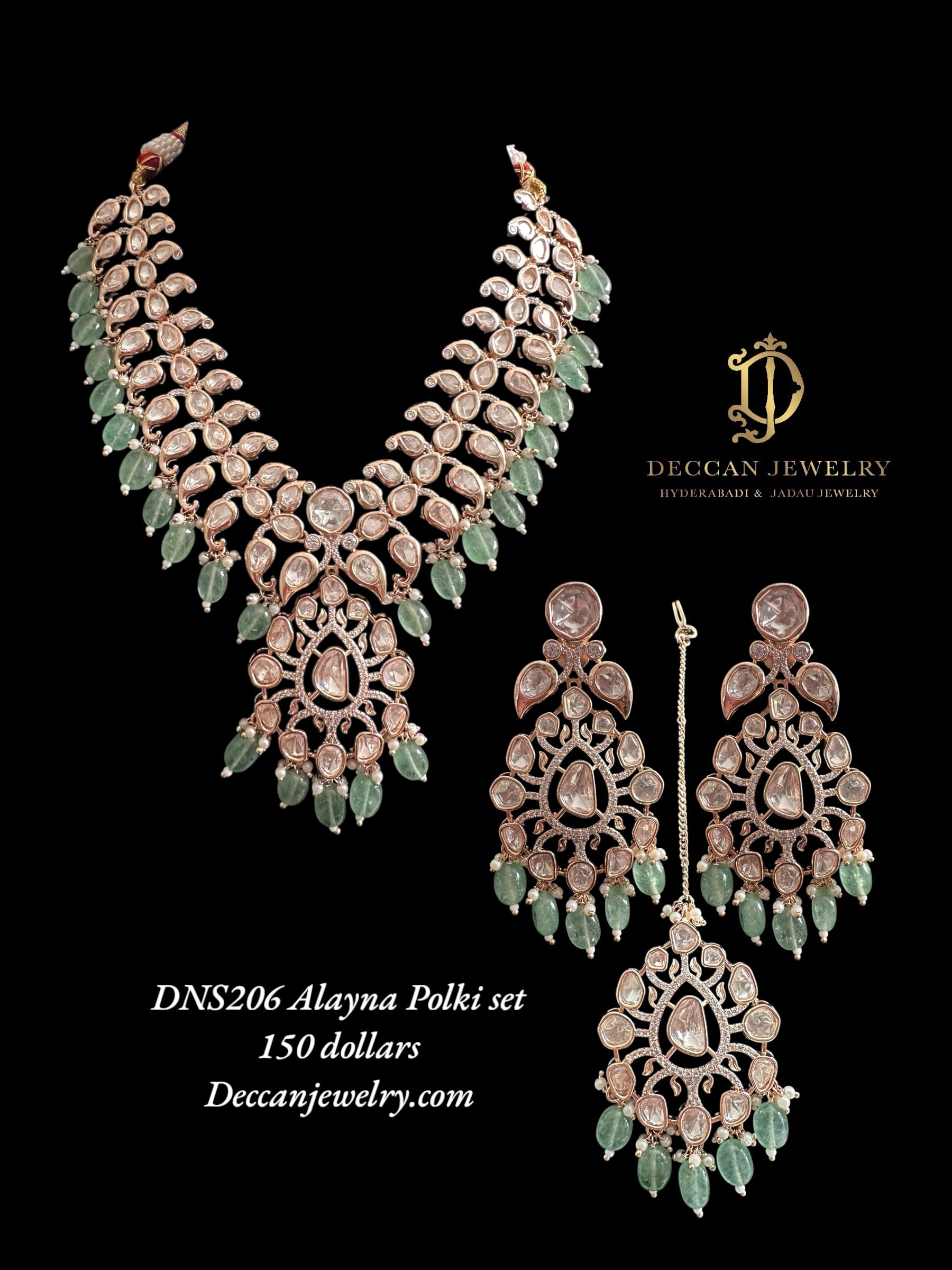 DNS206 Alayna Polki Necklace earrings tika set - light green beads with pearls ( READY TO SHIP )