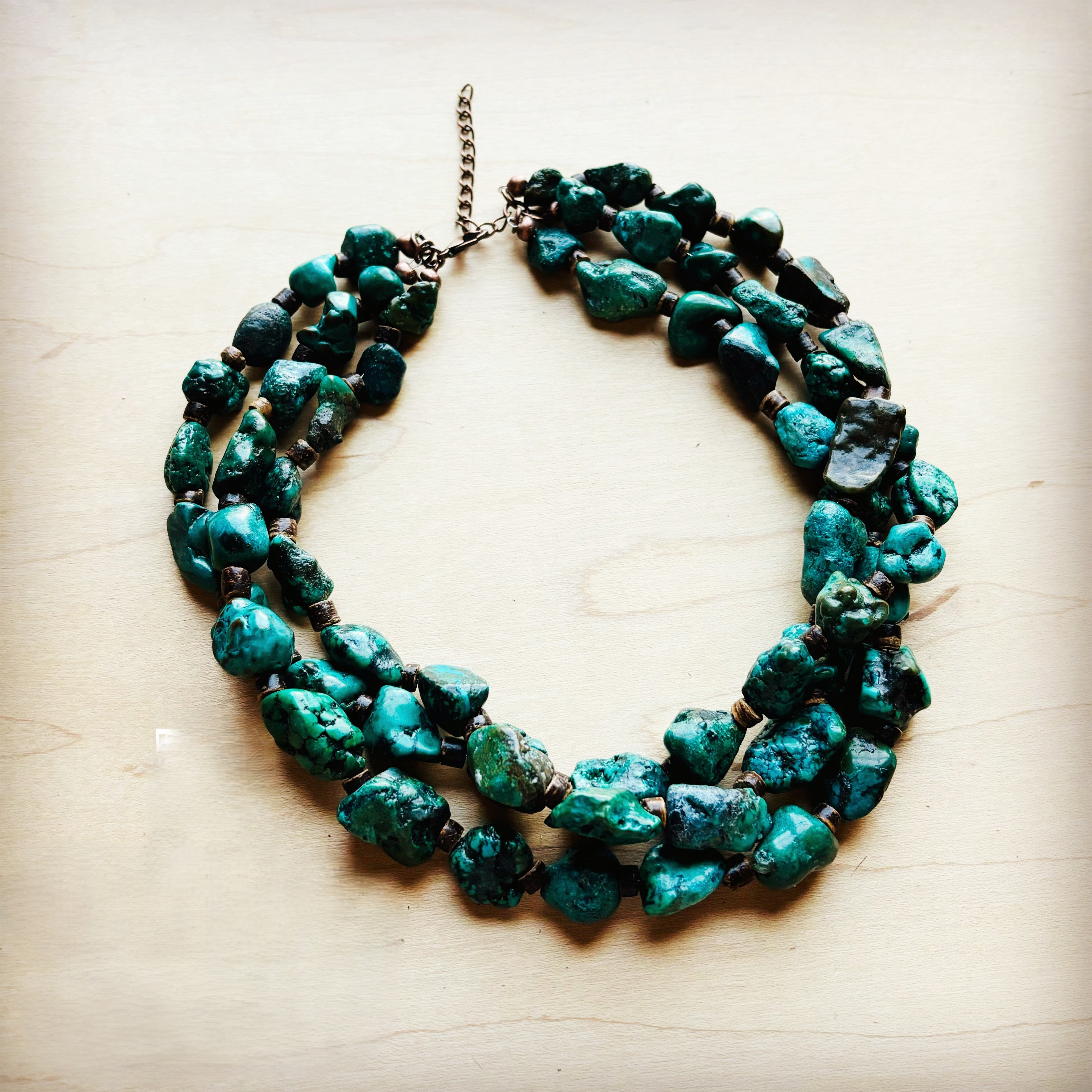 Large Triple Strand Natural Turquoise &amp;amp; Wood Collar Necklace 252x
