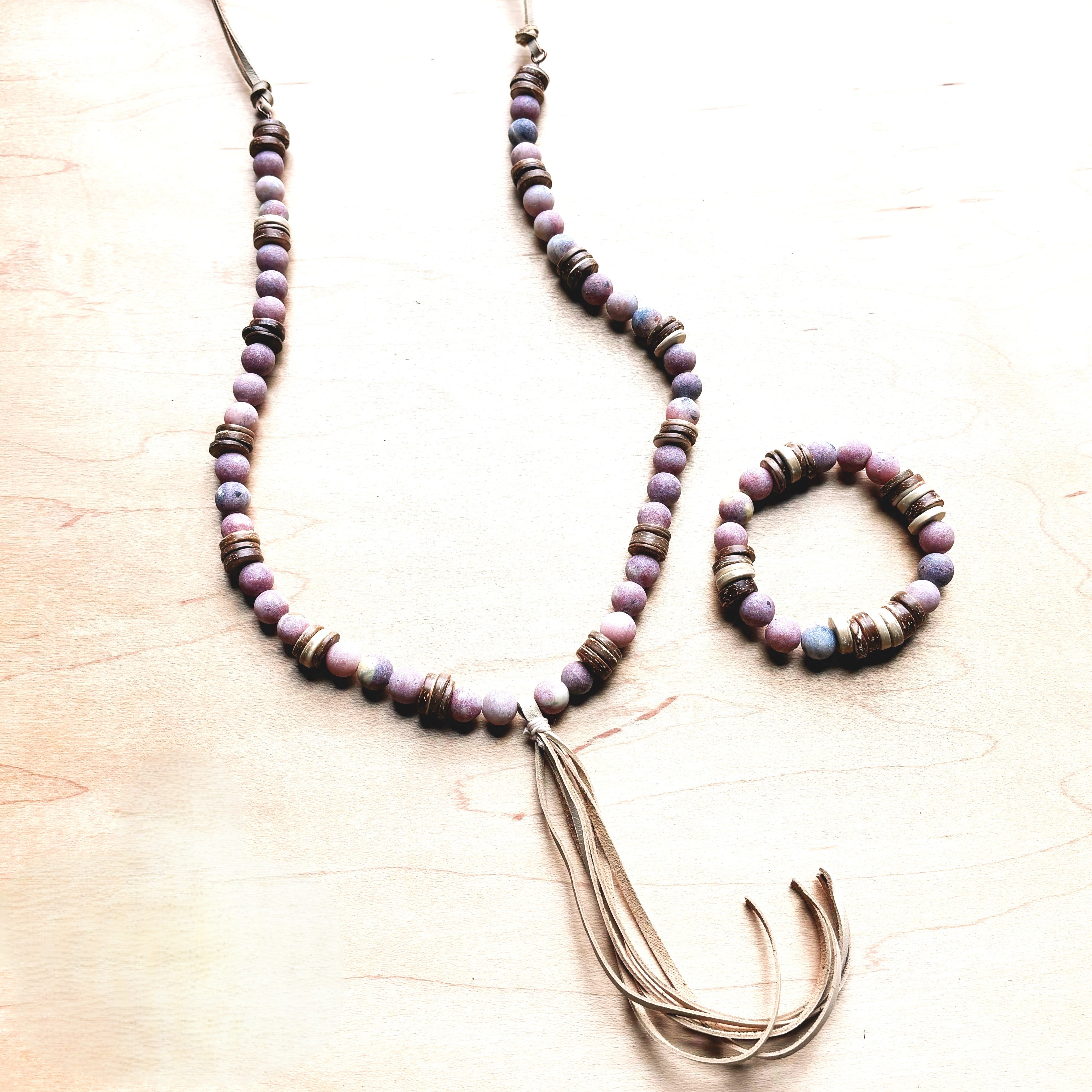 **Frosted Marble Jasper Necklace w/ Wood Beads &amp;amp; Leather Tassel 258b