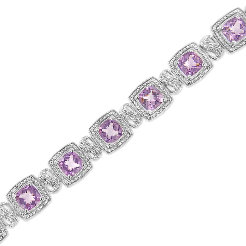 (.08) Style Loft Collection .925 Sterling Silver 7x7 mm Cushion Cut Purple Amethyst and 1/10 ctw Round Cut Diamond Square Shape Tennis Bracelet (I-J Color, I1-I2 Clarity) - 7"