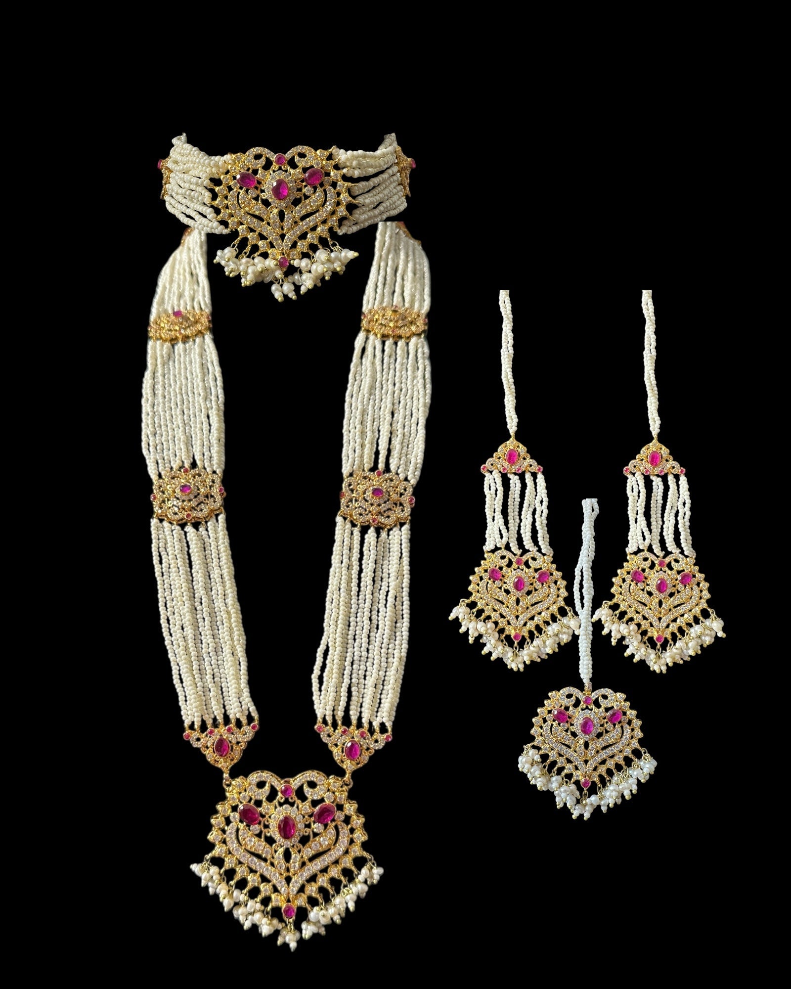 BR465 RAABYA ruby and pearl with zircon bridal choker set with earrings tika ( READY TO SHIP )