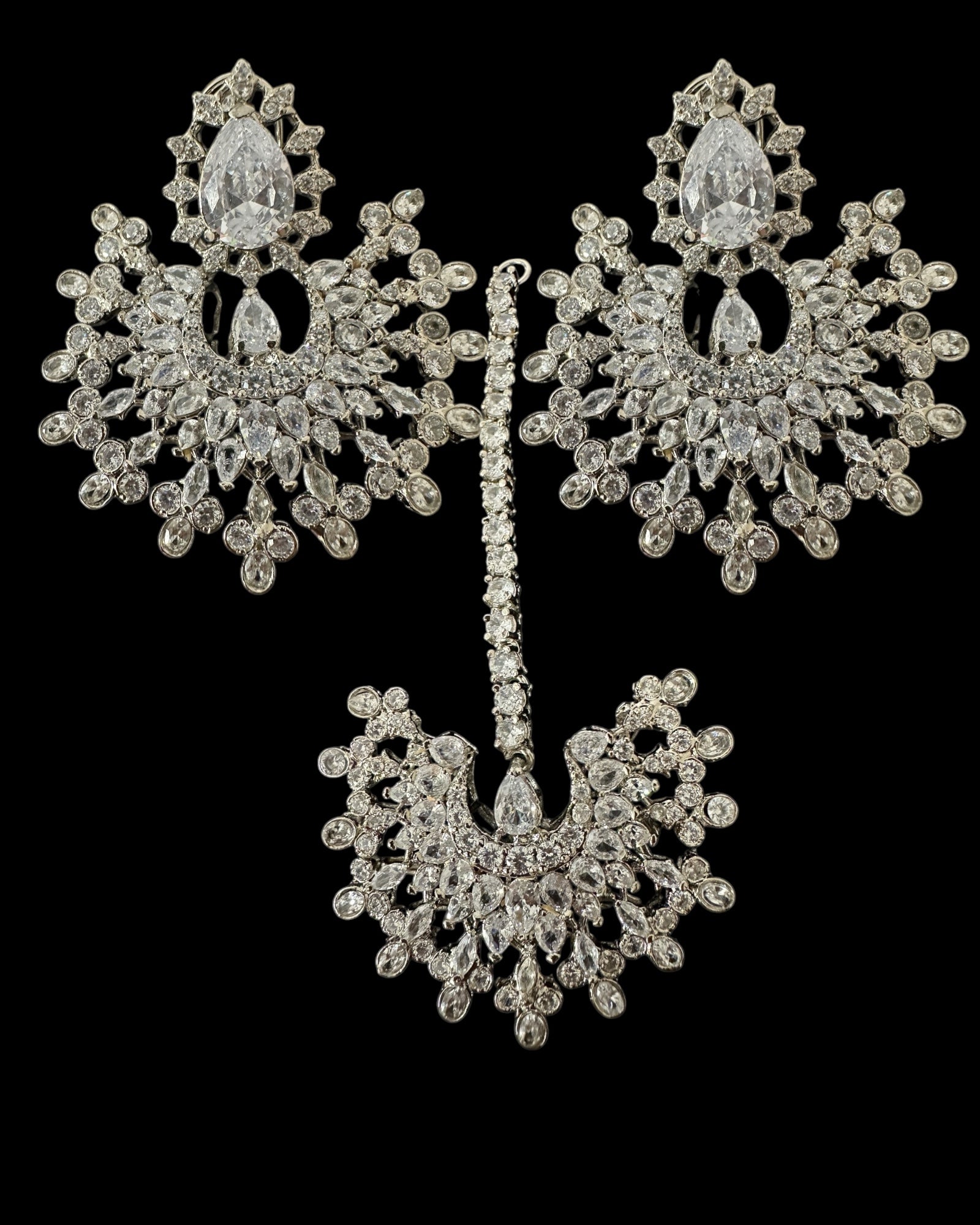 DJET95 Subhana silver plated chandbali earrings tika set  ( READY TO SHIP )