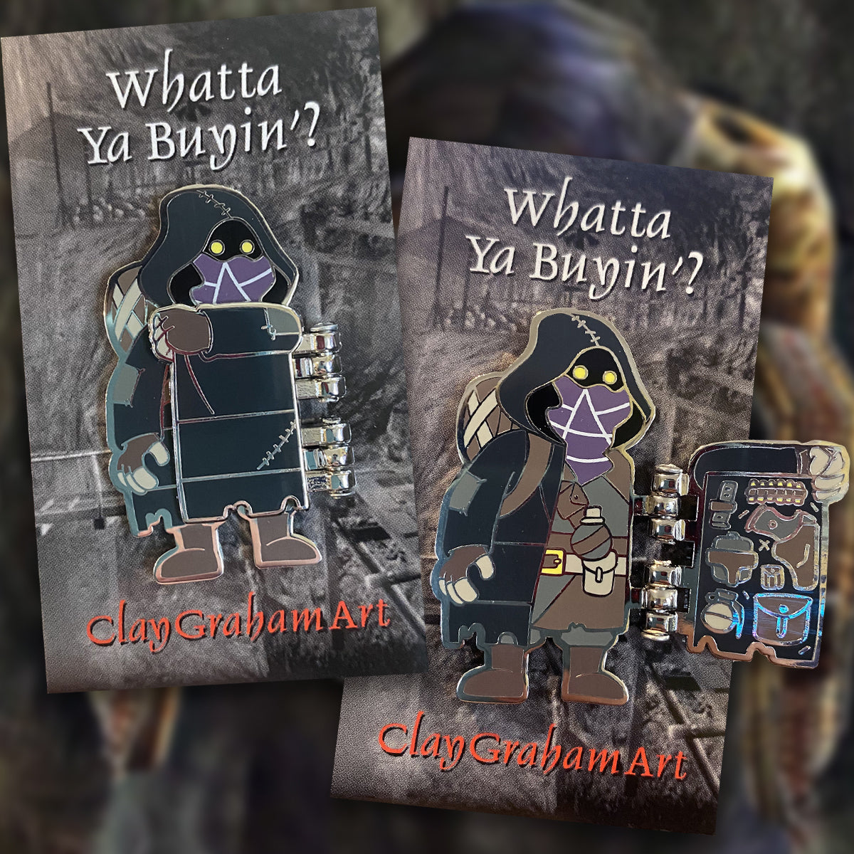 Whatta Ya Buyin&amp;#39;? / RE4 Merchant 2&amp;quot; hinged hard enamel pin