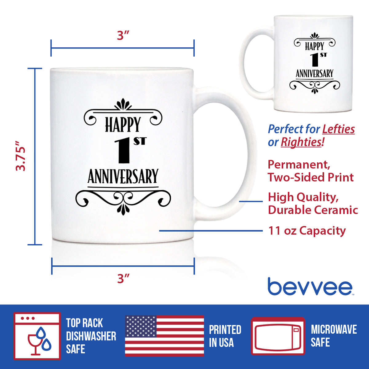 Happy 1st Anniversary Coffee Mug Gifts 1 Year Anniversary Art Deco Party Decor White Ceramic Coffee Cup