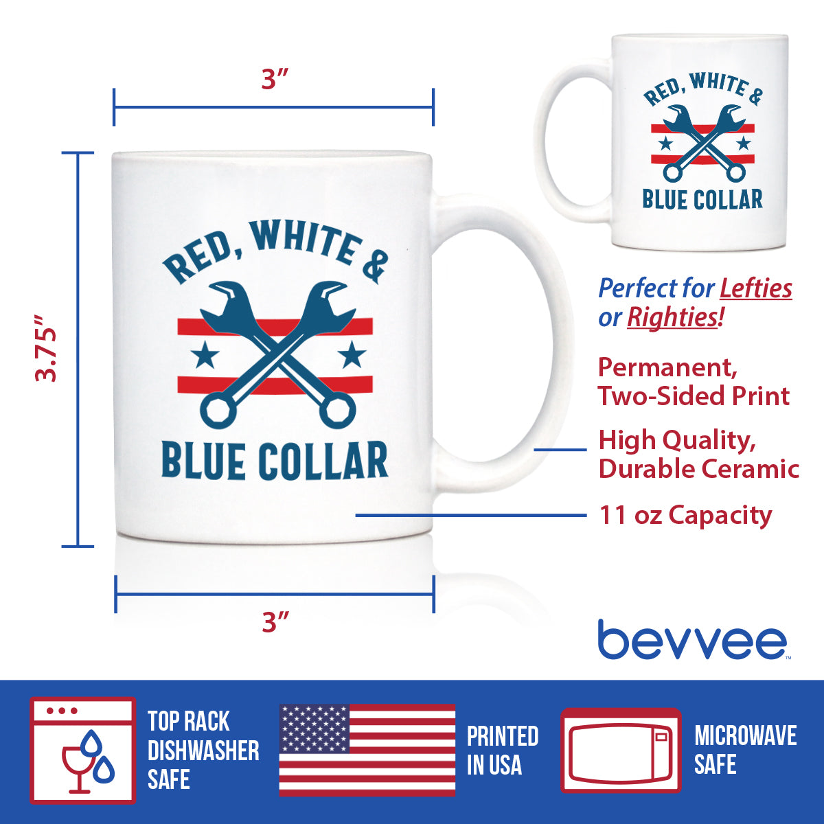 Red White &amp; Blue Collar Coffee Mug Gifts for American Patriots White Ceramic Coffee Cup
