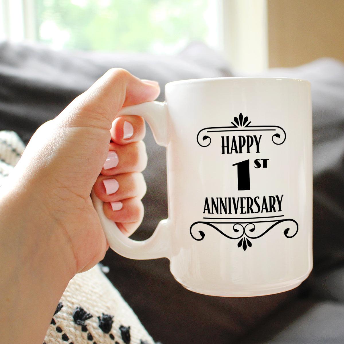 Happy 1st Anniversary Coffee Mug Gifts 1 Year Anniversary Art Deco Party Decor White Ceramic Coffee Cup