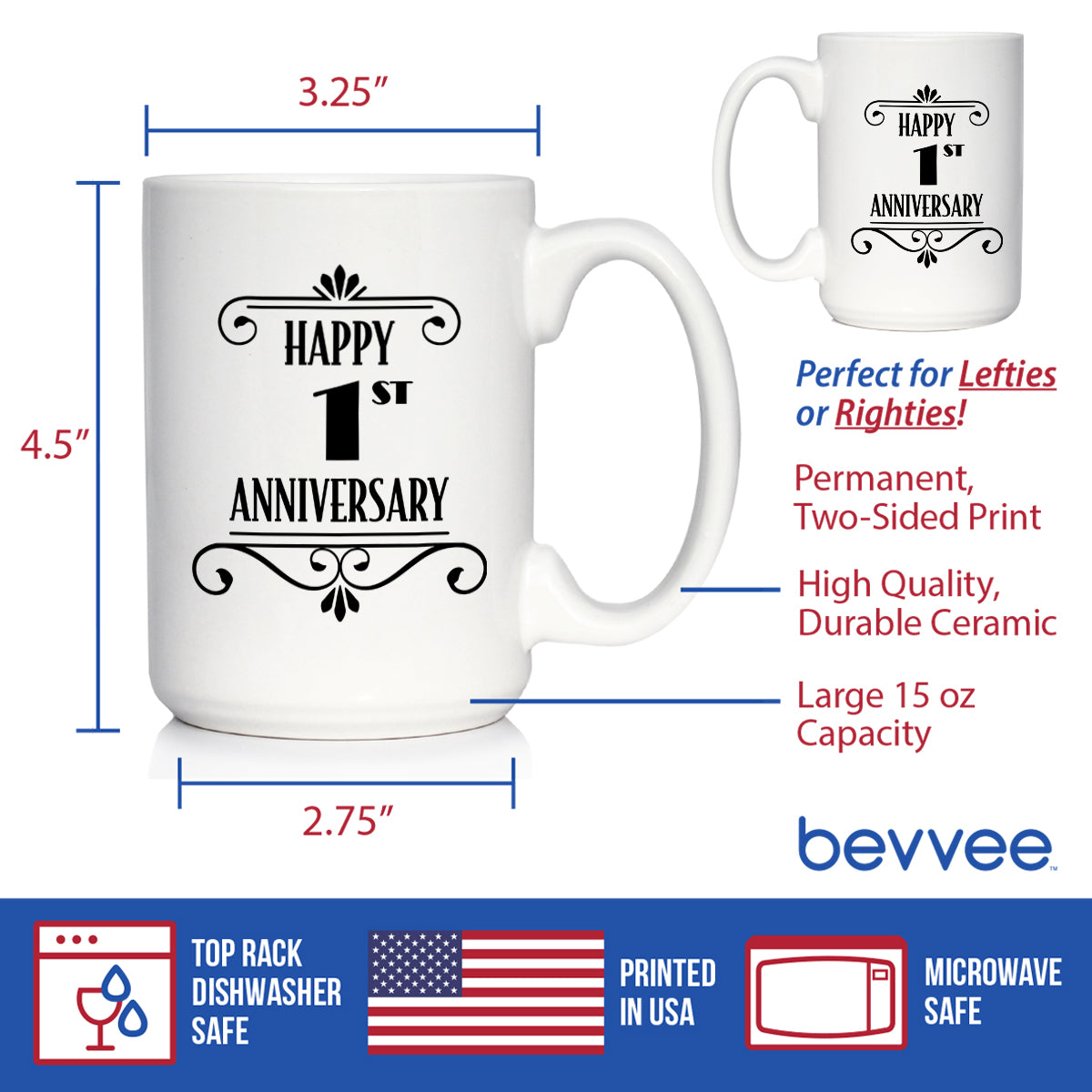 Happy 1st Anniversary Coffee Mug Gifts 1 Year Anniversary Art Deco Party Decor White Ceramic Coffee Cup