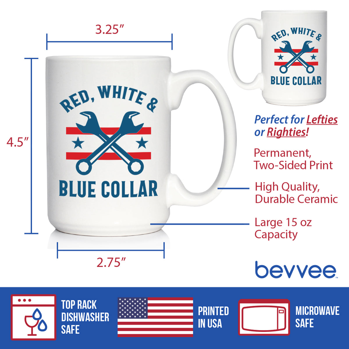 Red White &amp; Blue Collar Coffee Mug Gifts for American Patriots White Ceramic Coffee Cup