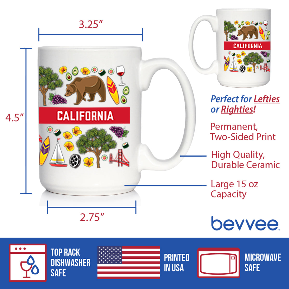California Flag Pattern Coffee Mug California Gifts and Souvenirs White Ceramic Coffee Cup