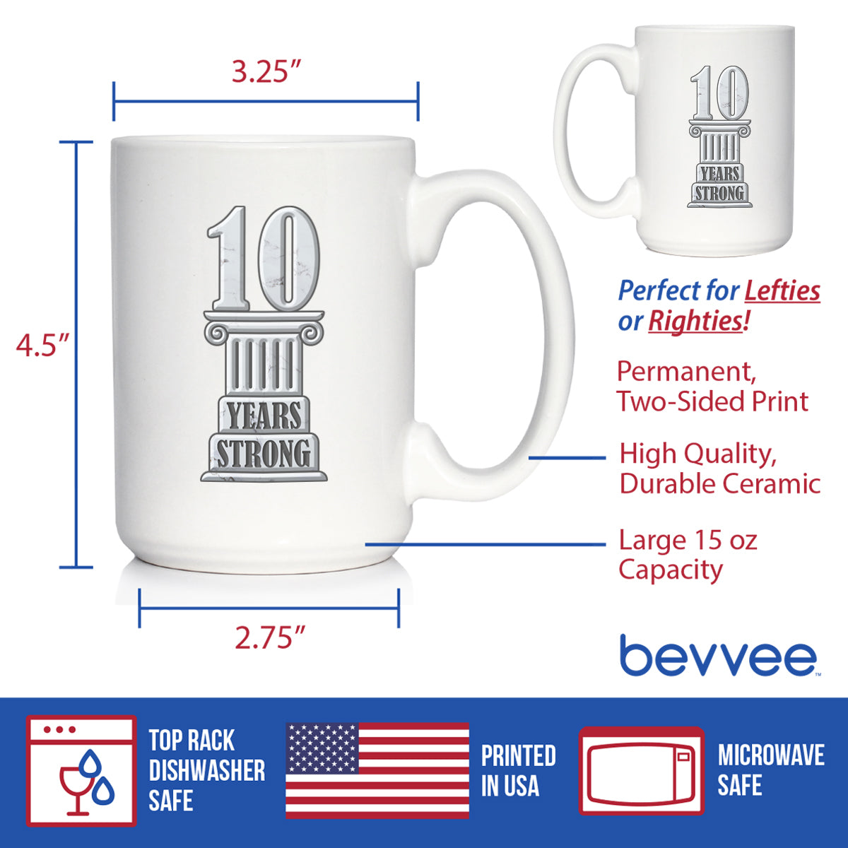 10 Years Strong Coffee Mug Gifts 10th Anniversary Party Decor White Ceramic Coffee Cup