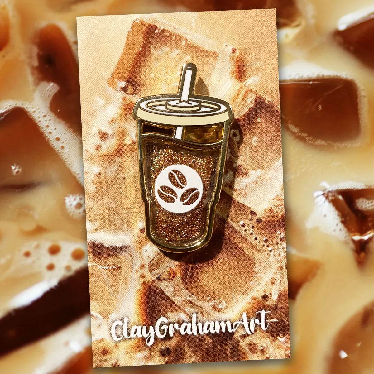 I &amp;lt;3 Iced Coffee 1.75&amp;quot; Hard Enamel Pin w/ Glitter &amp;quot;Quicksand&amp;quot;
