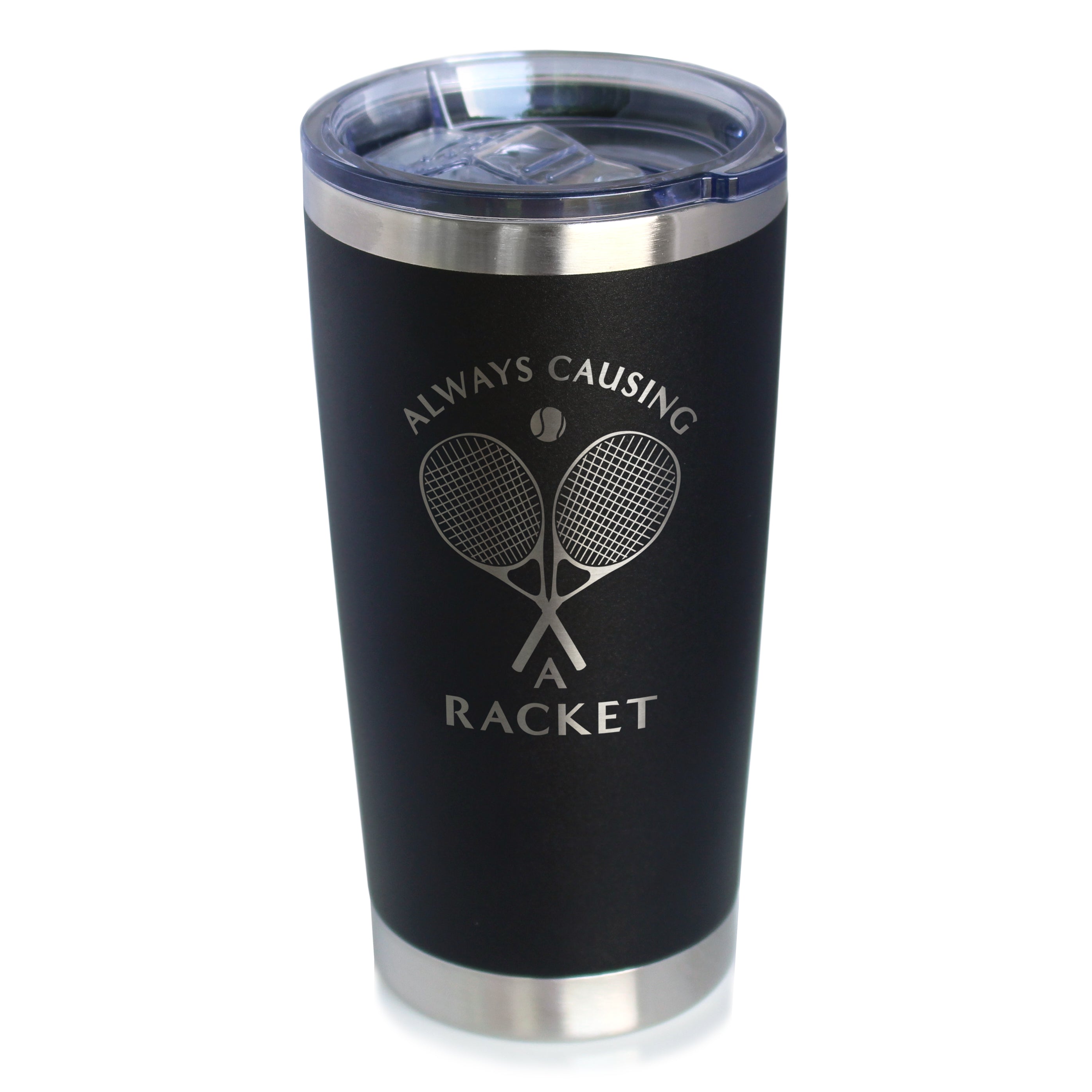 Causing A Racket - Insulated Coffee Tumbler Cup with Sliding Lid - Stainless Steel Insulated Mug - Funny Tennis Themed Gifts for Men &amp;amp; Women
